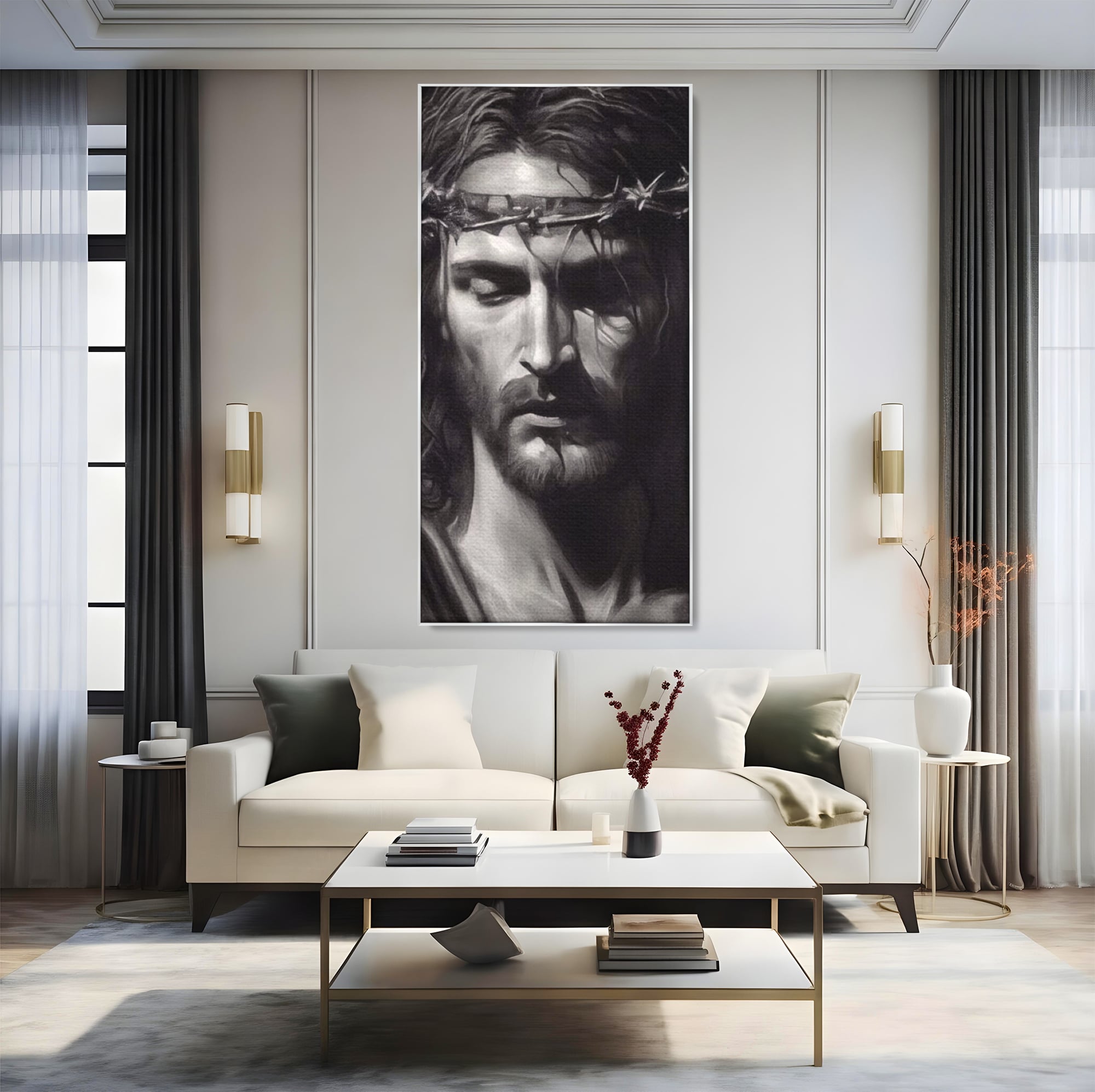 Tablou canvas cu tablou canvas cu portretul lui iisus, in rama de aluminiu argintiu, pe perete intr-un living